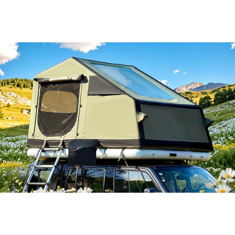 Inflatable+Rooftop+Tent+For+Suvs+With+Air+Mattress,+2+Tpu+Skylights+&+Extendable+Canopy,+Multi-purpose+Camping+Tent+With+Telescopic+Ladder